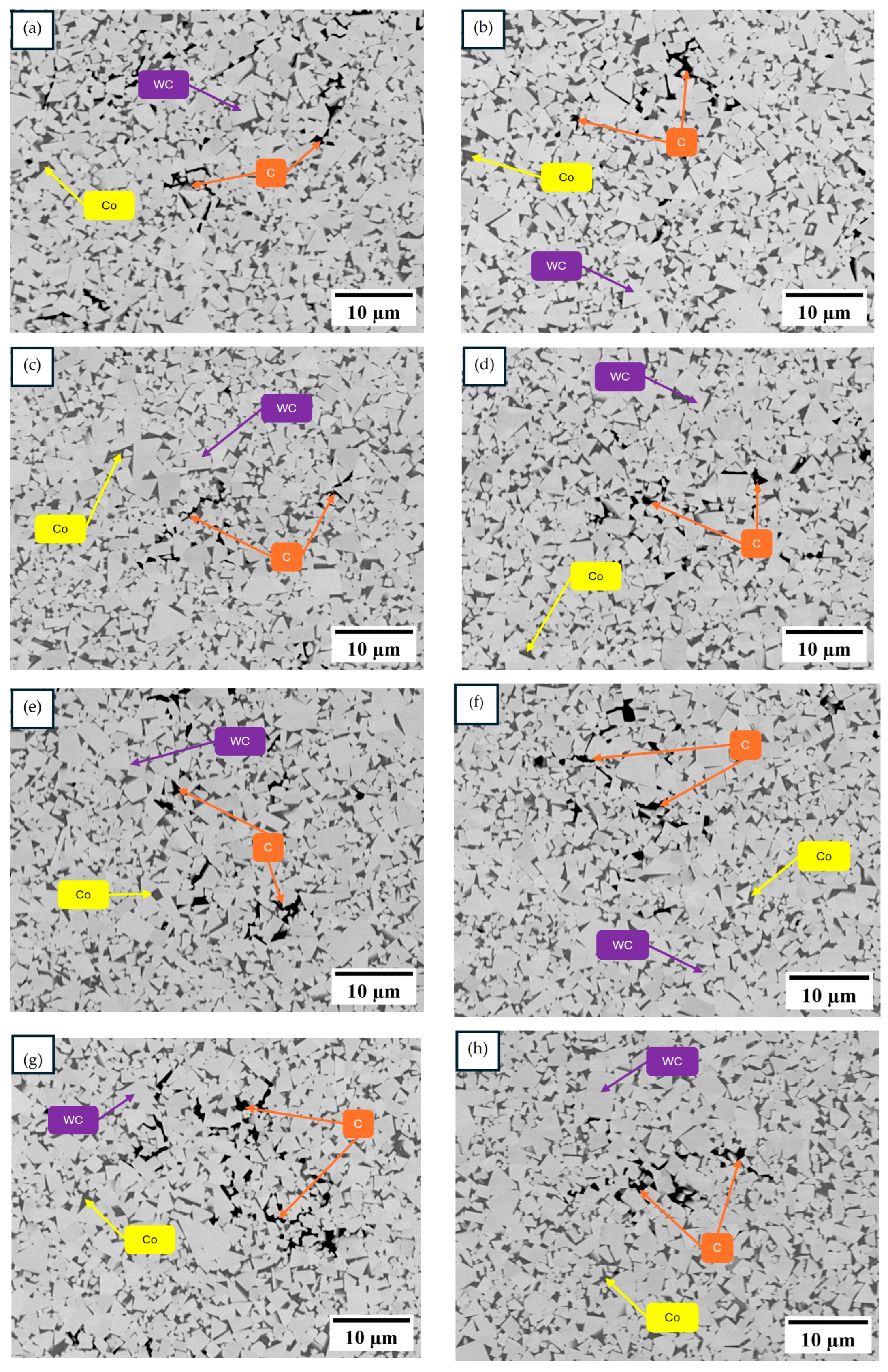 Backscattered electron micrographs of WC-Co hardmetal showing angular WC grains and the cobalt binder network